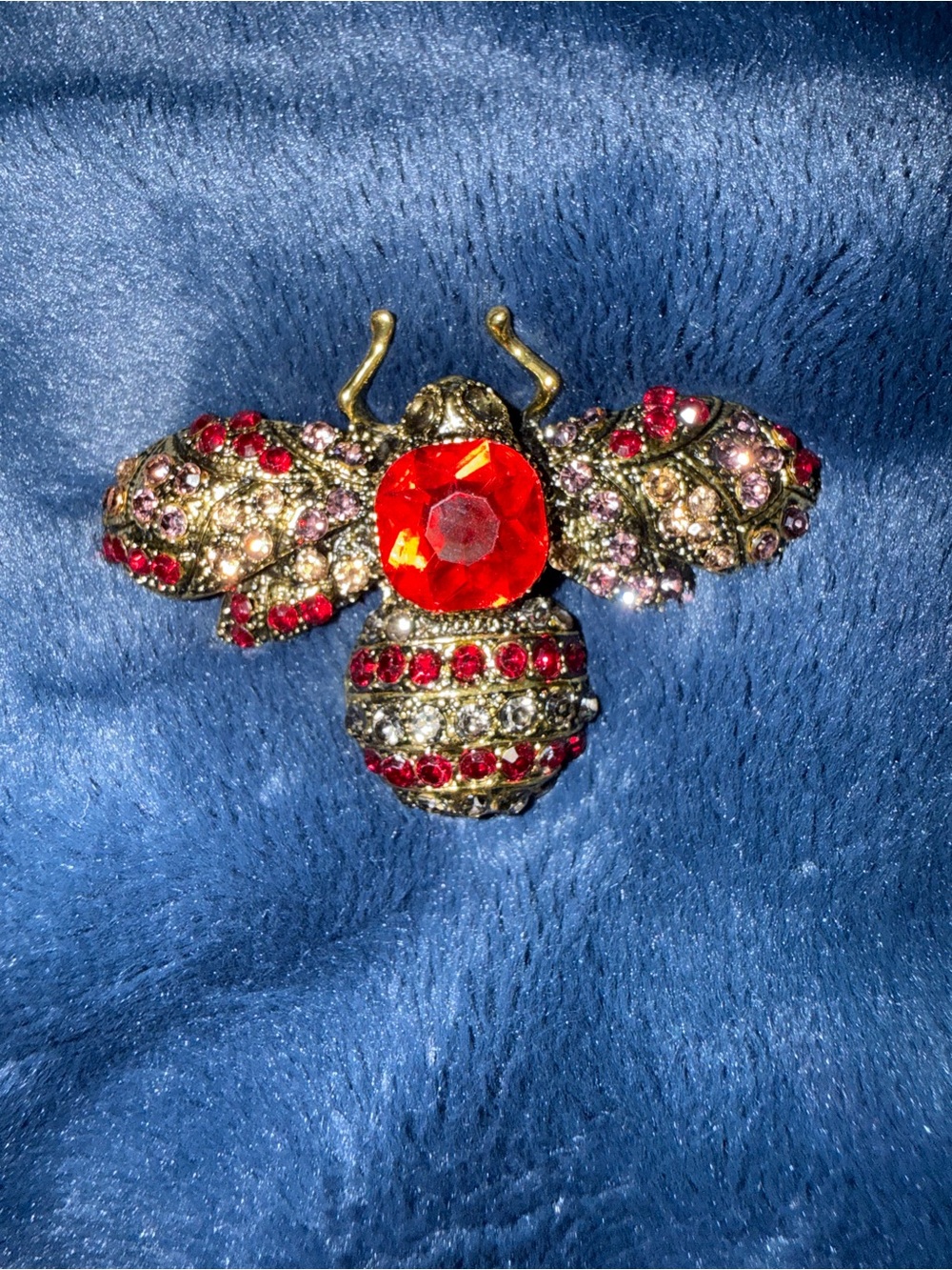 Rhinestone Bee Beetle Brooch Pin Red Gold Multicolor